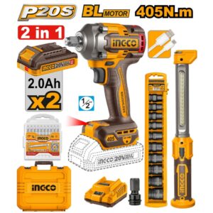 Ingco 405 Nm Cordless impact wrench kit  2 Pcs Combo kit